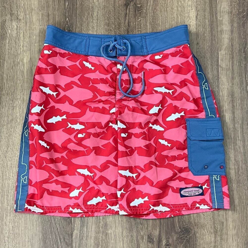VINEYARD VINES Red Shark Board Shorts Swim Trunks Sz 28